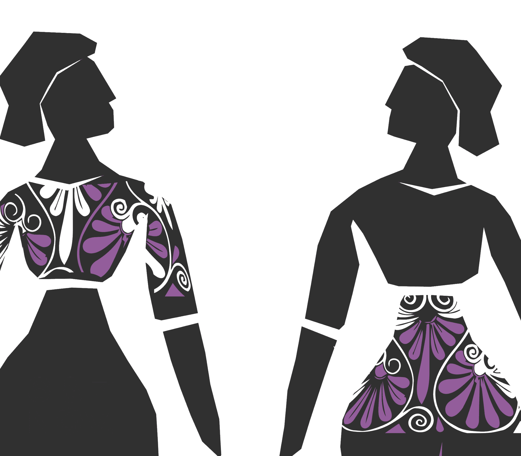 Ilustración de dos mujeres con vestidos decorados